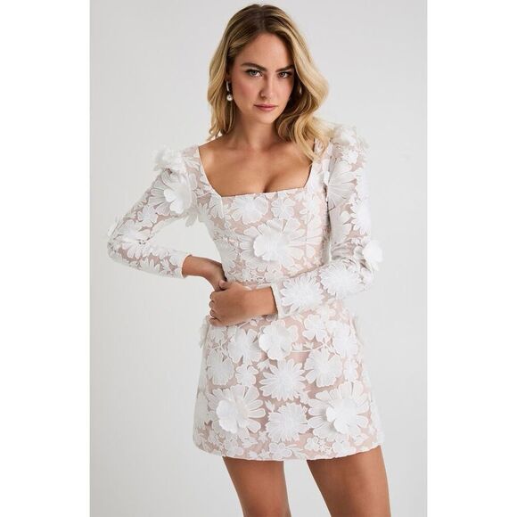 Helsi Women's White Tan Ellen Long Sleeve 3D Floral Mini Dress Small NWOT - Picture 5 of 14